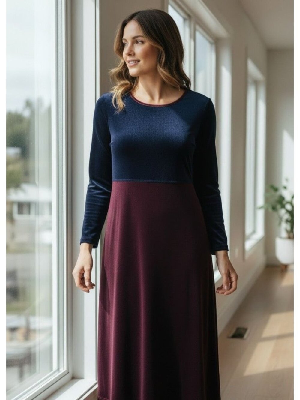 Stonebridge Navy Blue Burgundy Colorblock Long Sleeve Maxi Dress Size 14P Velour